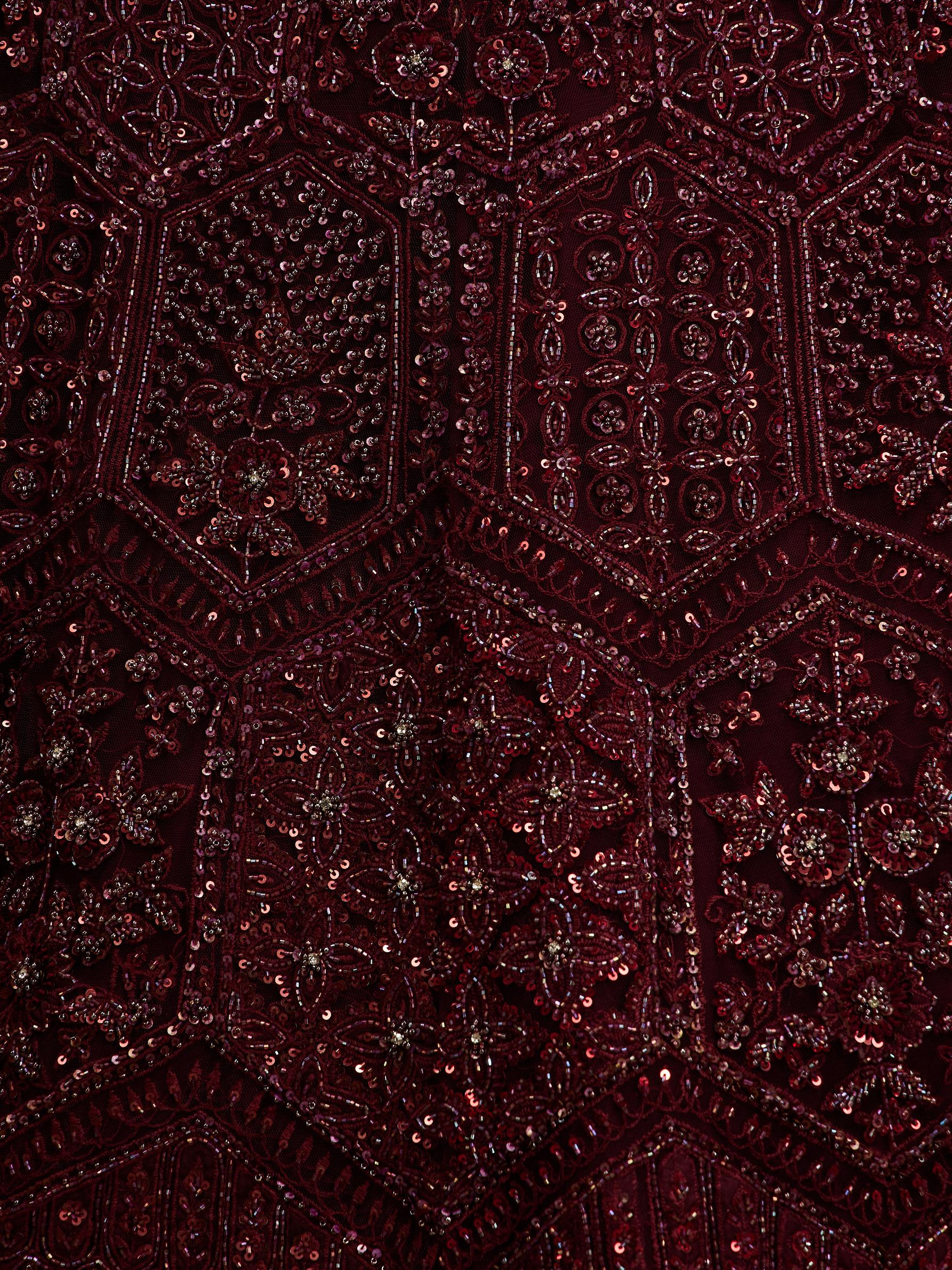 Twamev Women Wine Red Floral Jaal Embroidered Lehenga with Sequin Embellishments