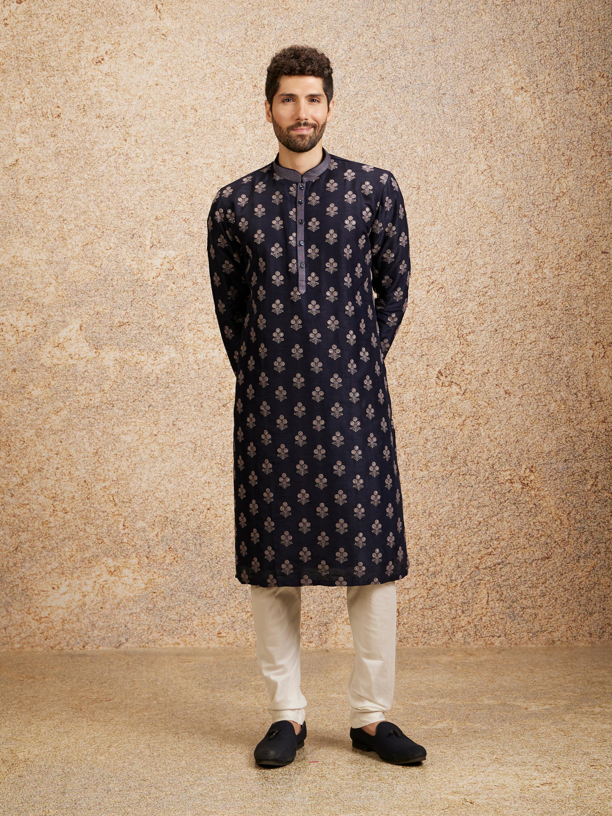 Twamev Men Navy Blue Floral Motif Kurta Set
