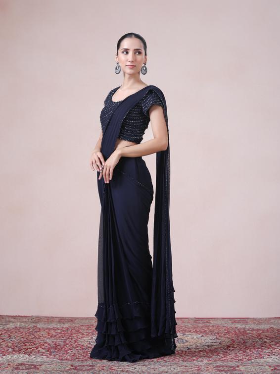 Twamev Women Midnight Elegance in Indigo Blue Georgette Saree