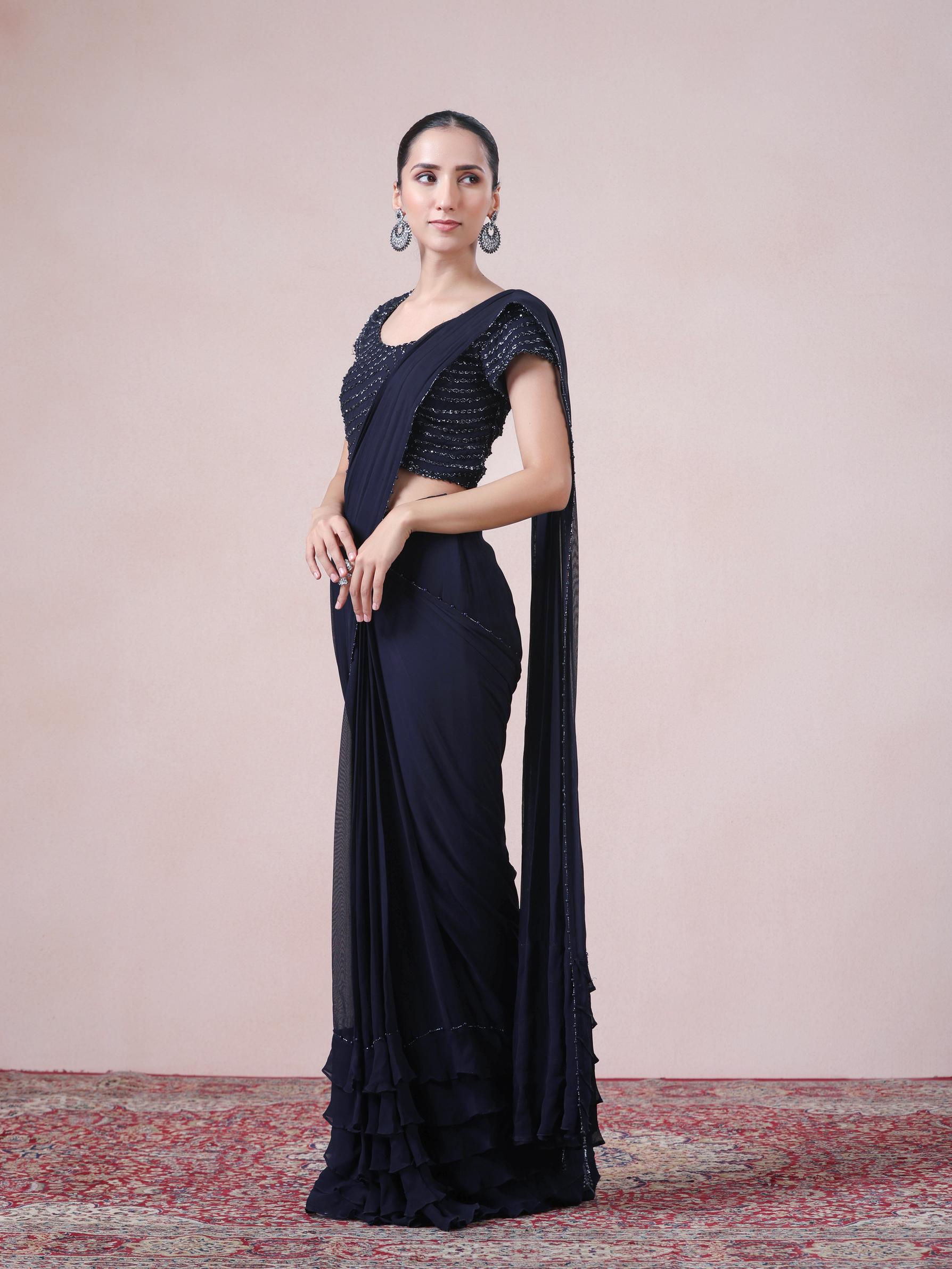 Twamev Women Midnight Elegance in Indigo Blue Georgette Saree