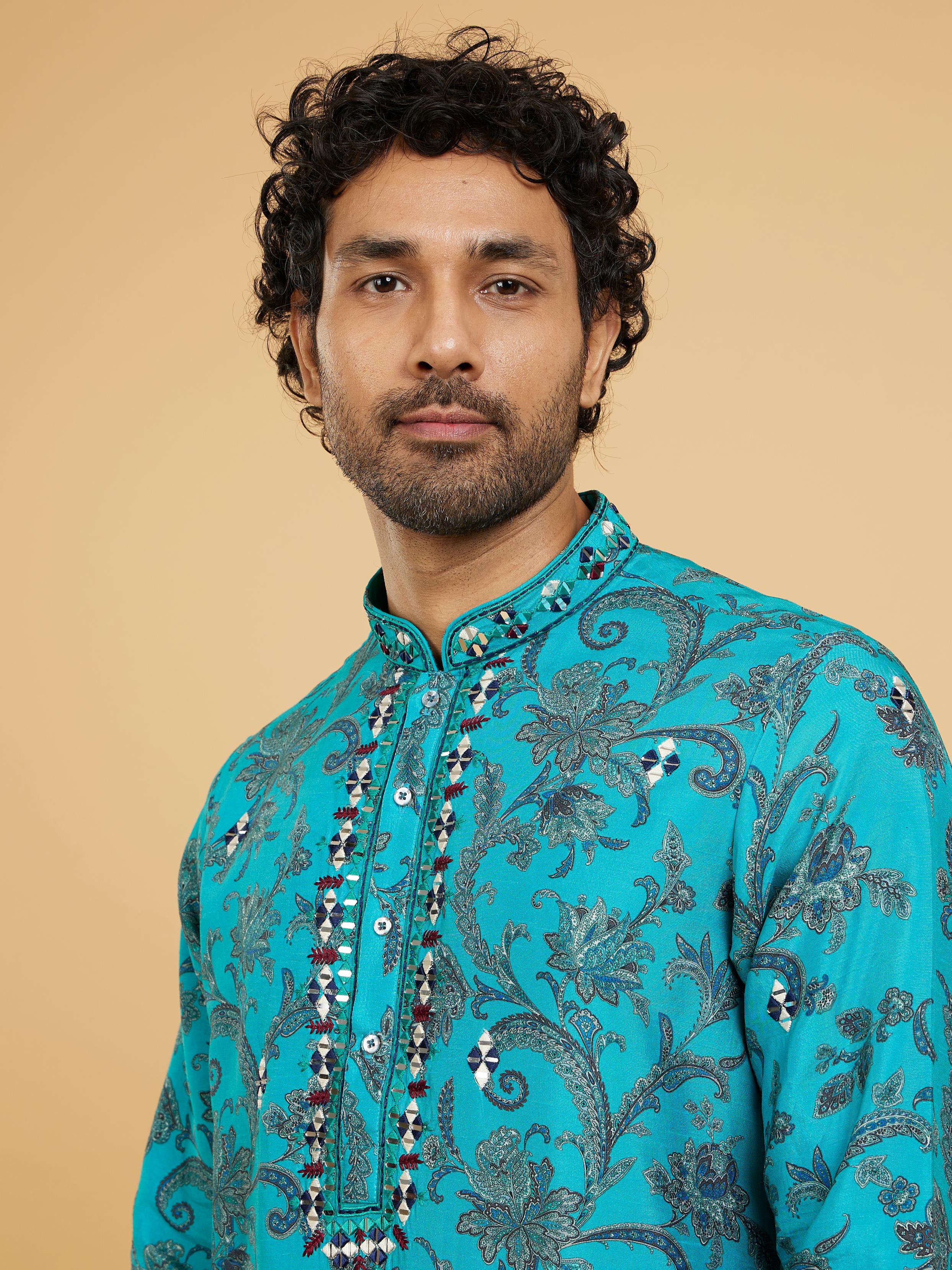 Twamev Men Teal Blue Charm Kurta Pajama
