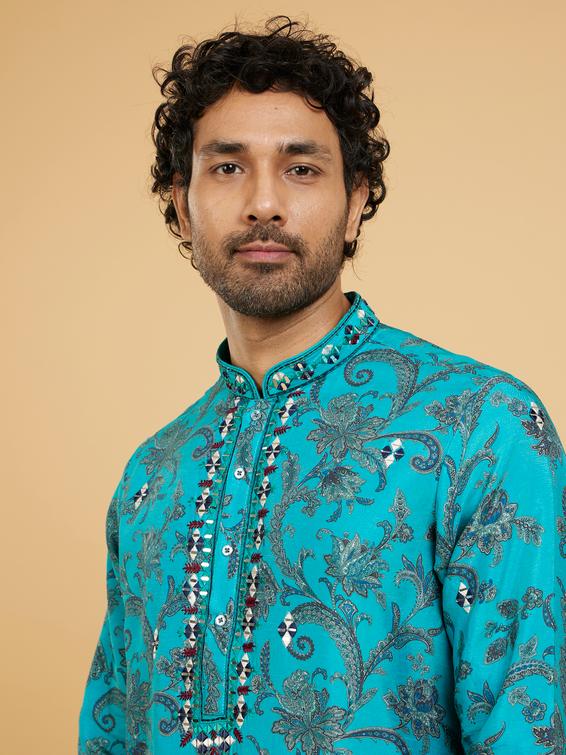 Twamev Men Teal Blue Charm Kurta Pajama