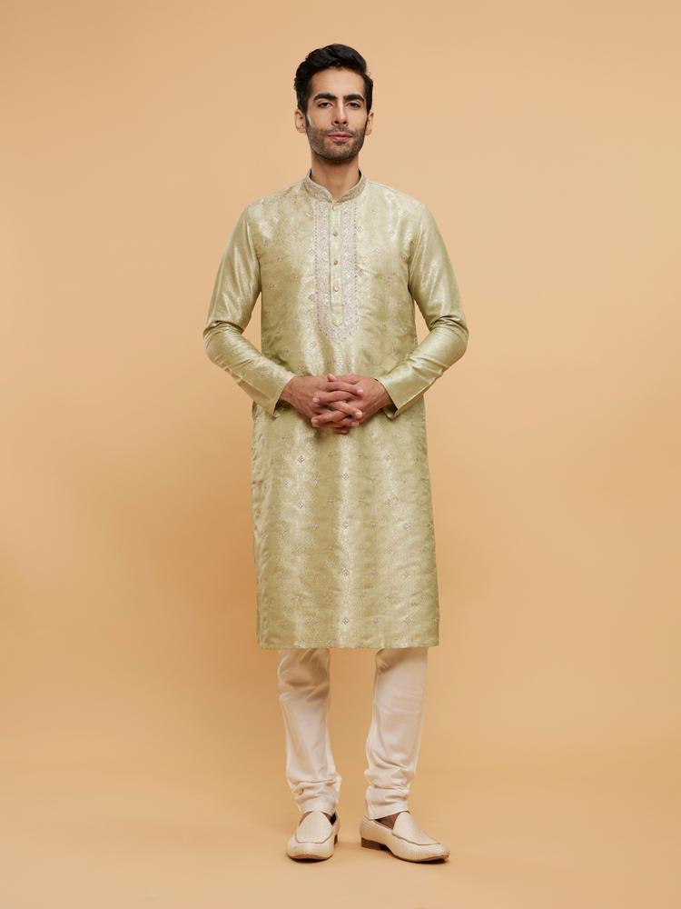 Twamev Men Smoke Grey Kurta Set with Medallion Motifs and Stone Work