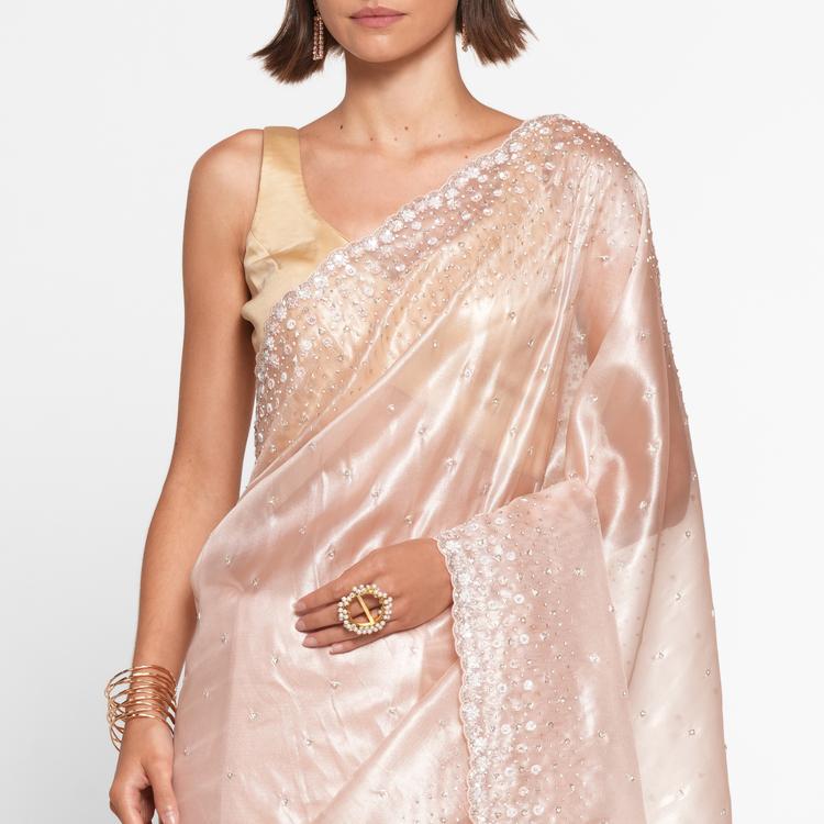 Twamev Women Twinkling Pink Hand Embroidery Saree