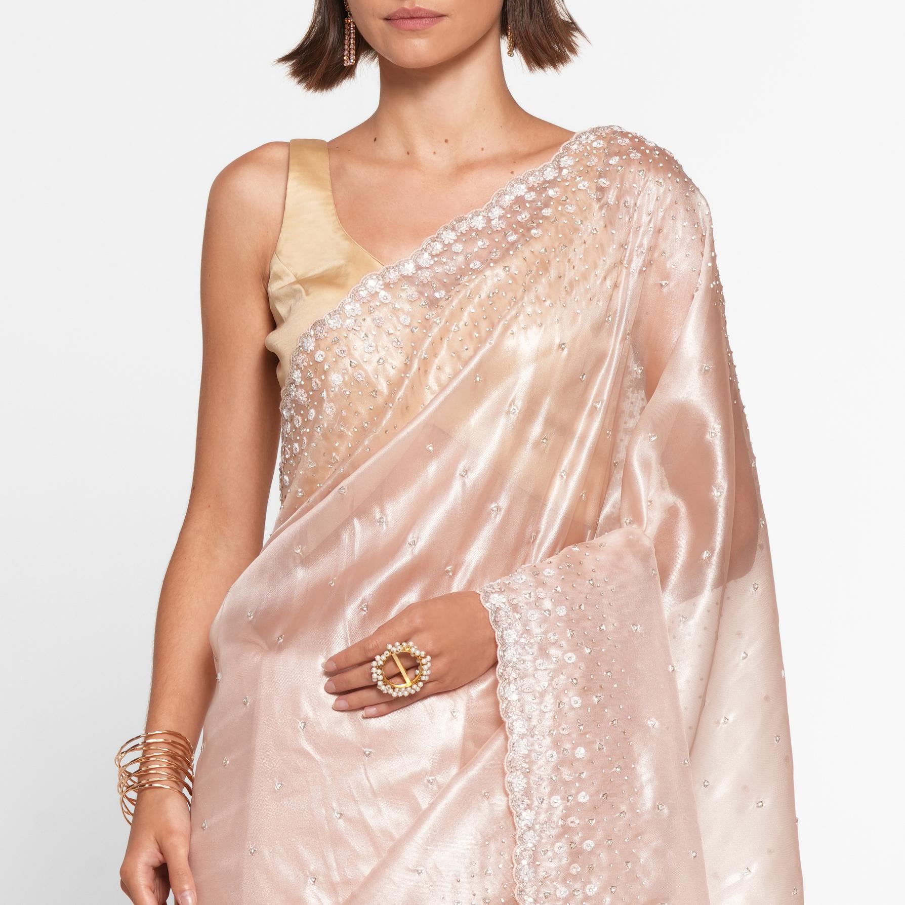 Twamev Women Twinkling Pink Hand Embroidery Saree