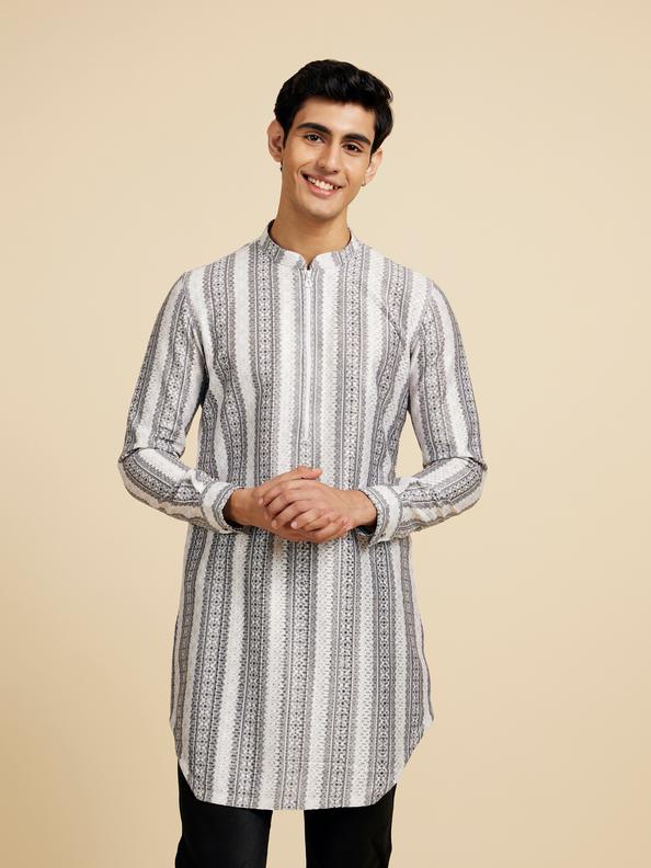 Diwas Men Cloud White And Slate Grey Linear Printed Kurta