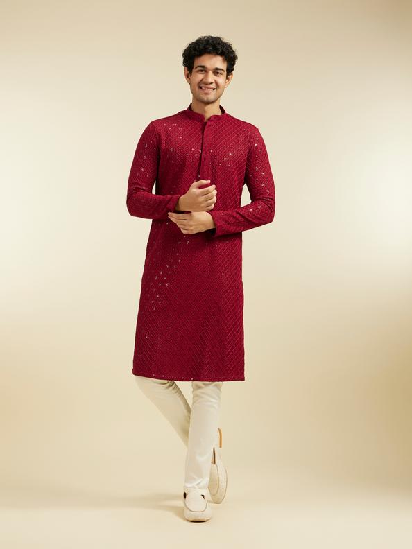 Diwas Men Maroon Red Chikankari Kurta With Sequins