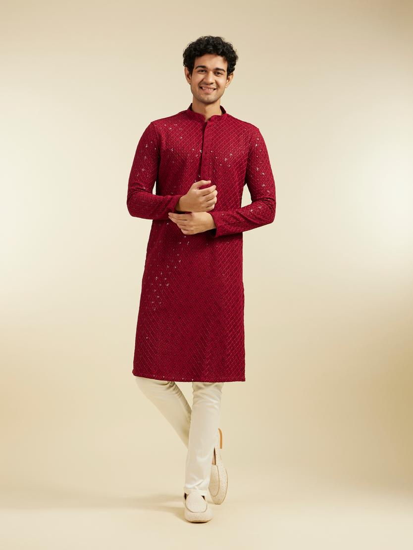 Diwas Men Maroon Red Chikankari Kurta With Sequins