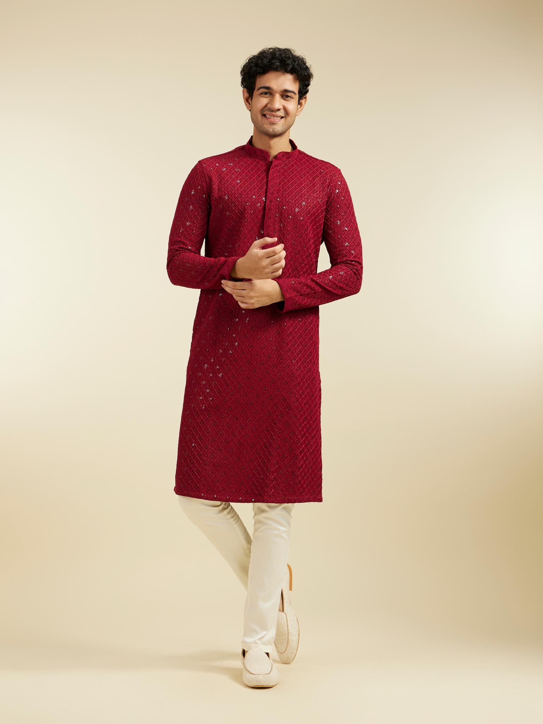 Diwas Men Maroon Red Chikankari Kurta With Sequins
