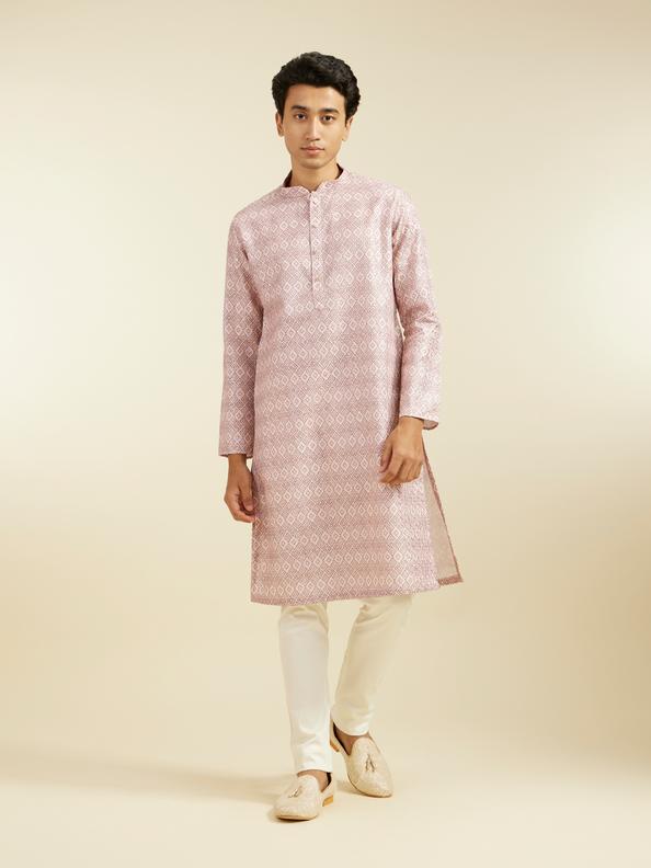 Diwas Men Baby Pink Grid Printed Kurta