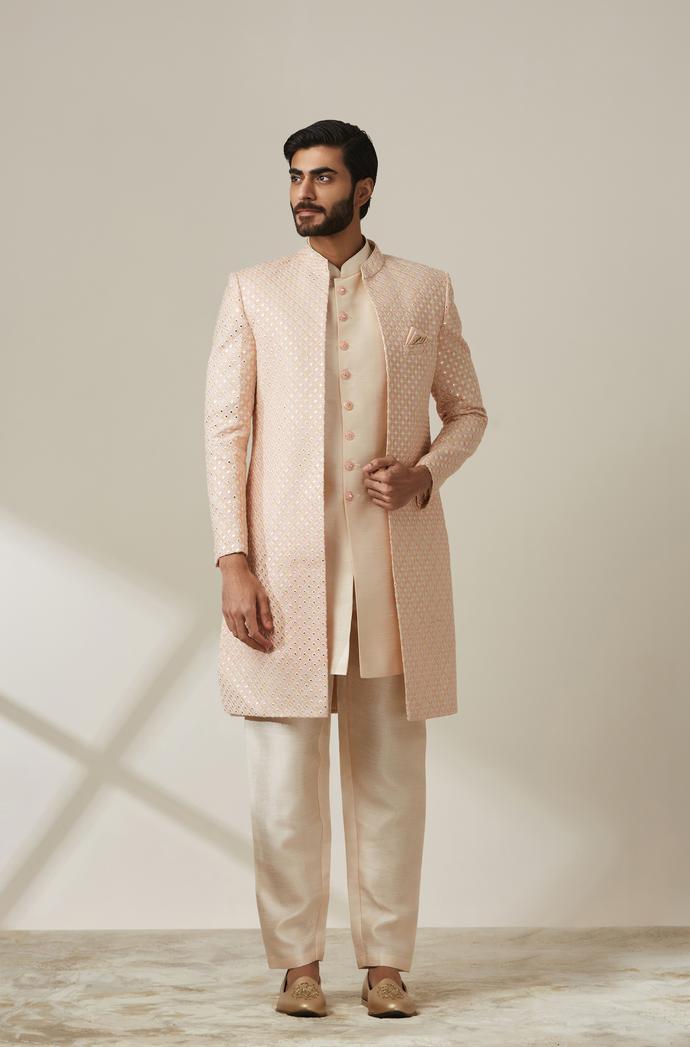 Twamev Men Peach Art Silk Mirror Work Sherwani