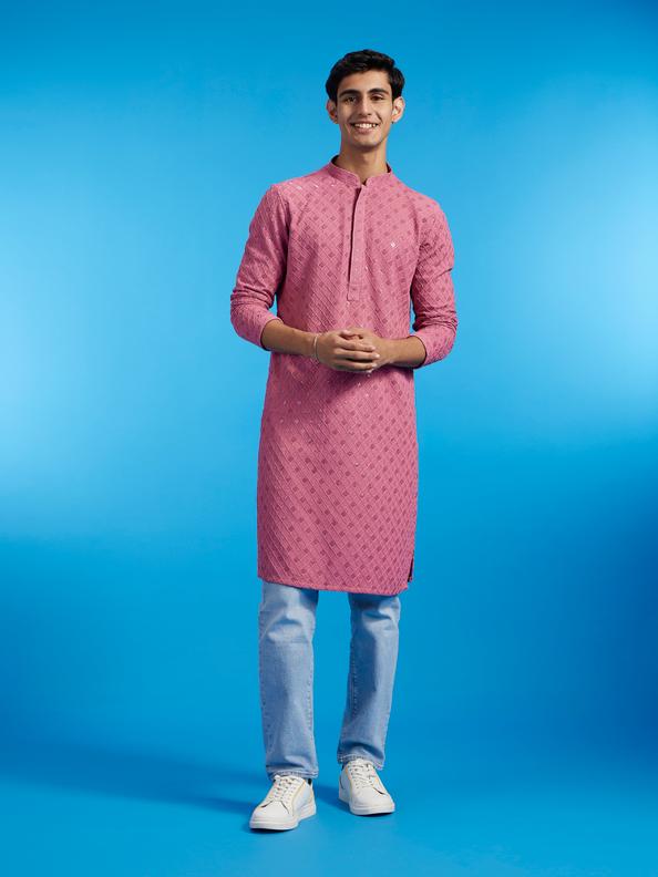 Diwas Men Dusty Pink Chikankari Kurta With Sequins