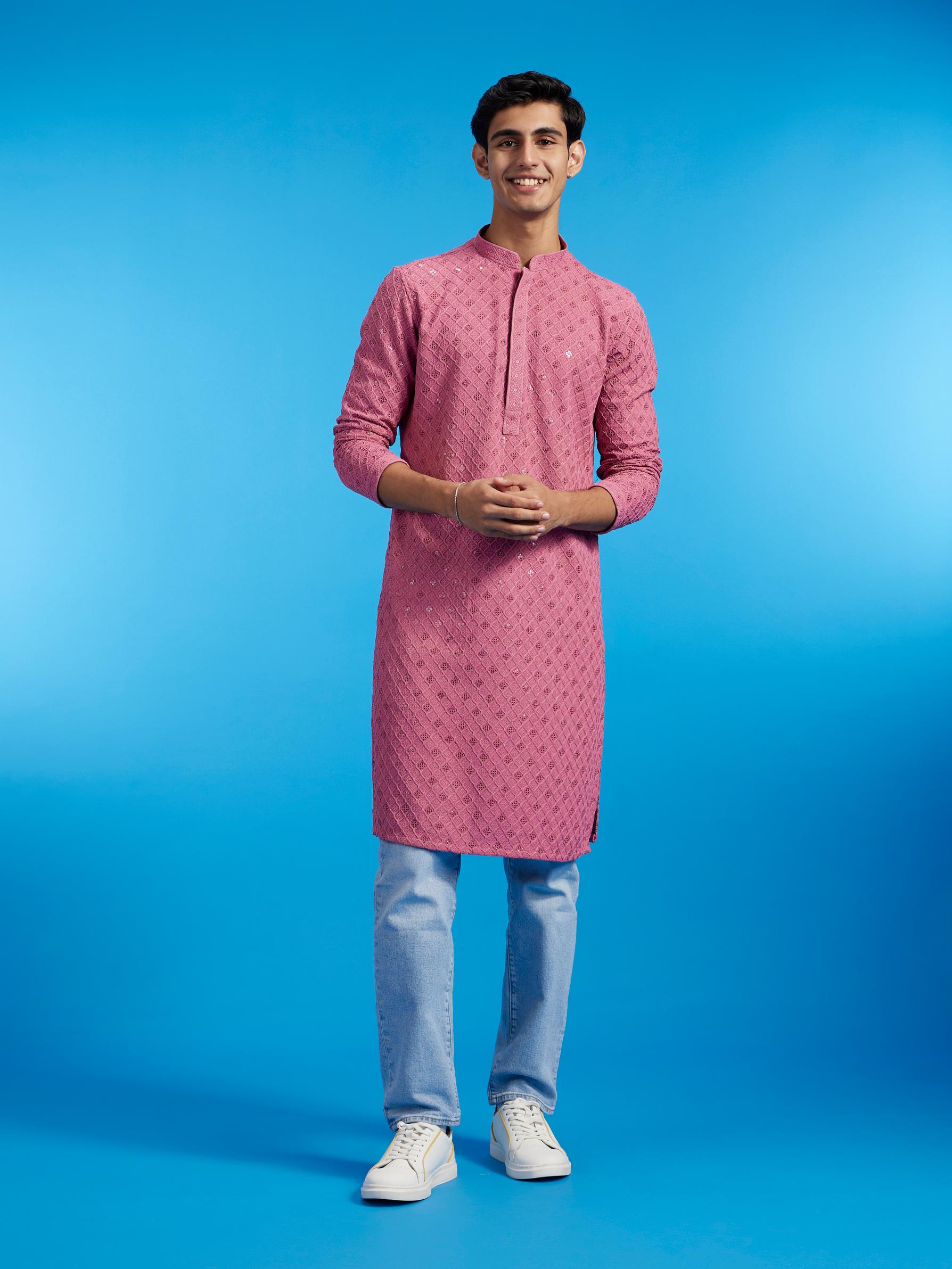 Diwas Men Dusty Pink Chikankari Kurta With Sequins