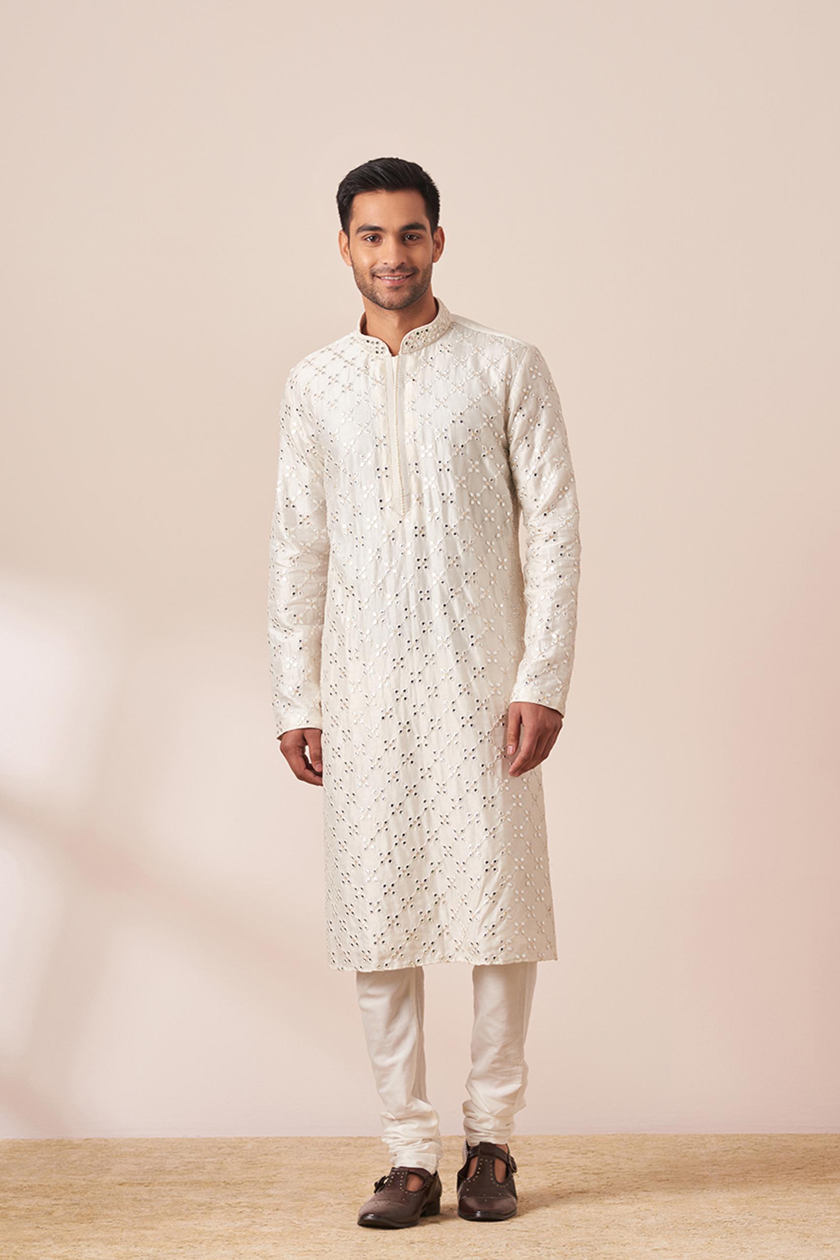 Twamev Men White Mirror Work Kurta Pajama