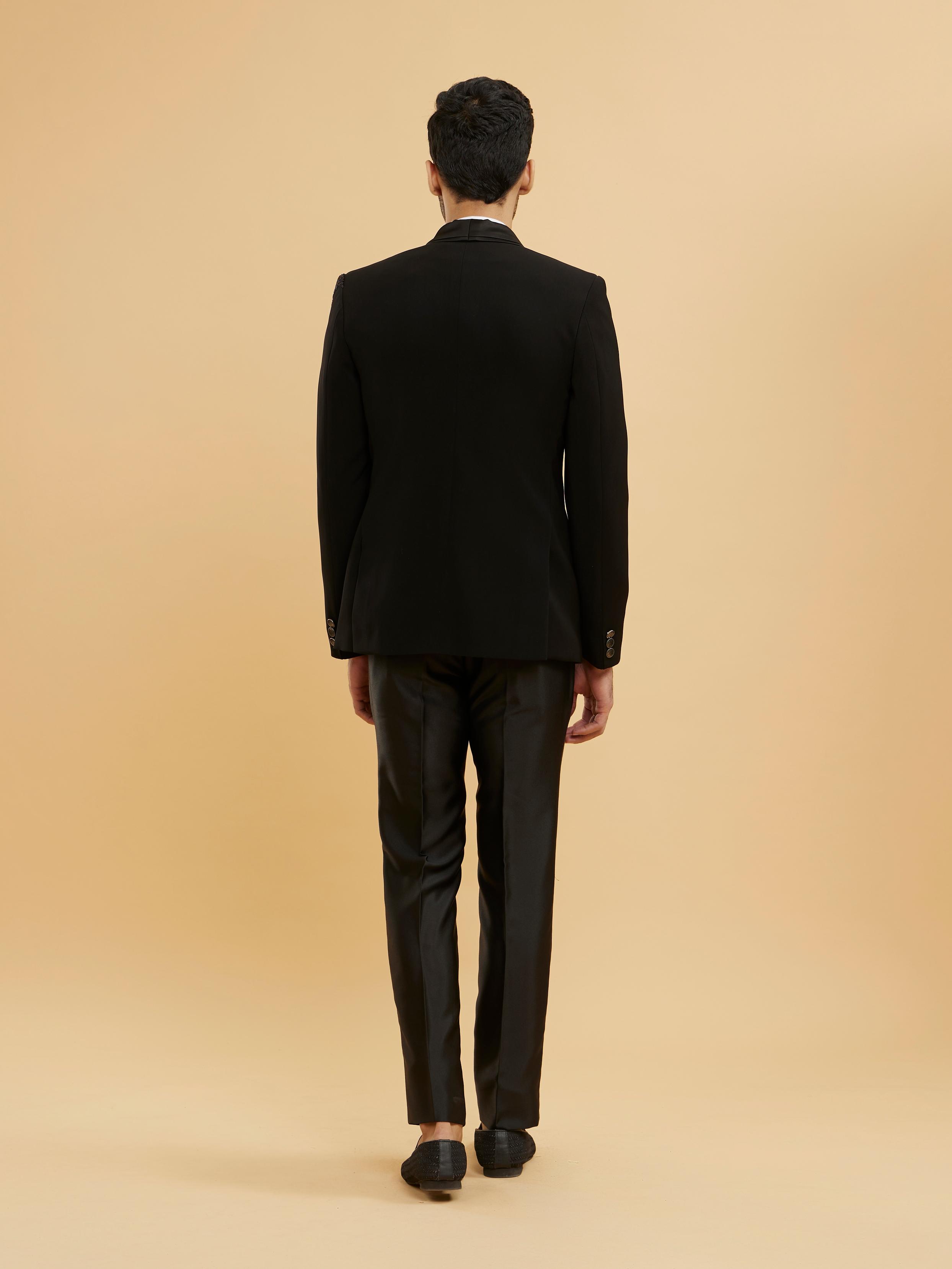 Twamev Men Ebony Black Shawl Collared Tuxedo Suit Set with Rhinestones