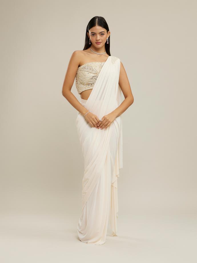 Twamev Women Cream Net-Lycra Festive Saree