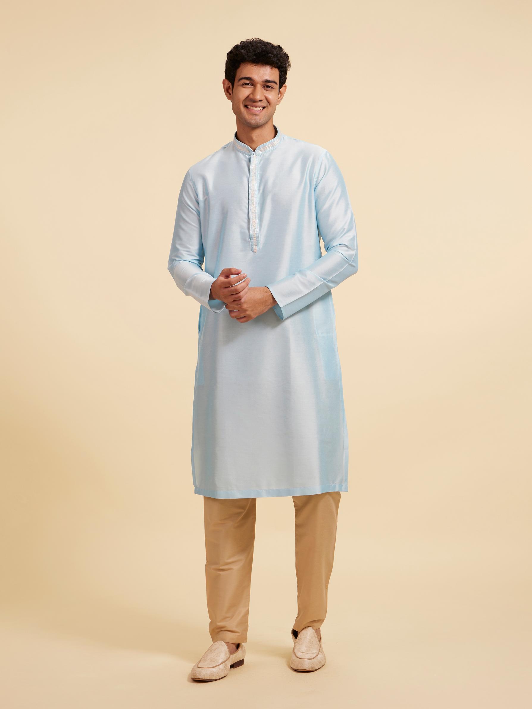 Diwas Men Powder Blue Plain Kurta with Embroidered Placket