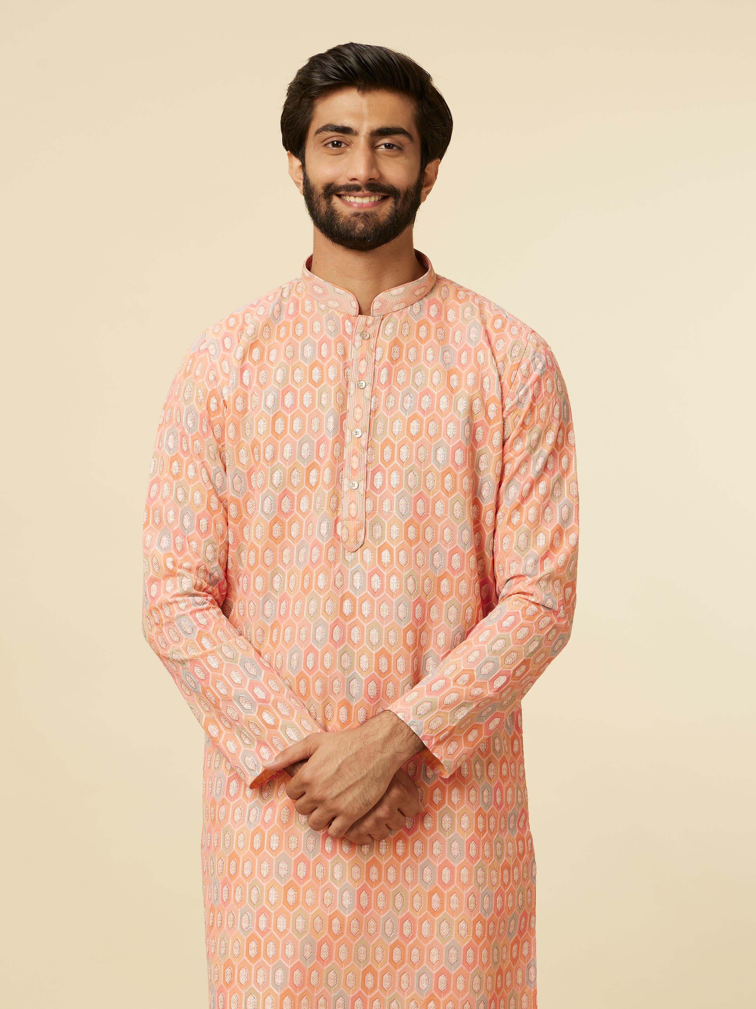 Twamev Men Peach Hexagonal Patterned Kurta Set