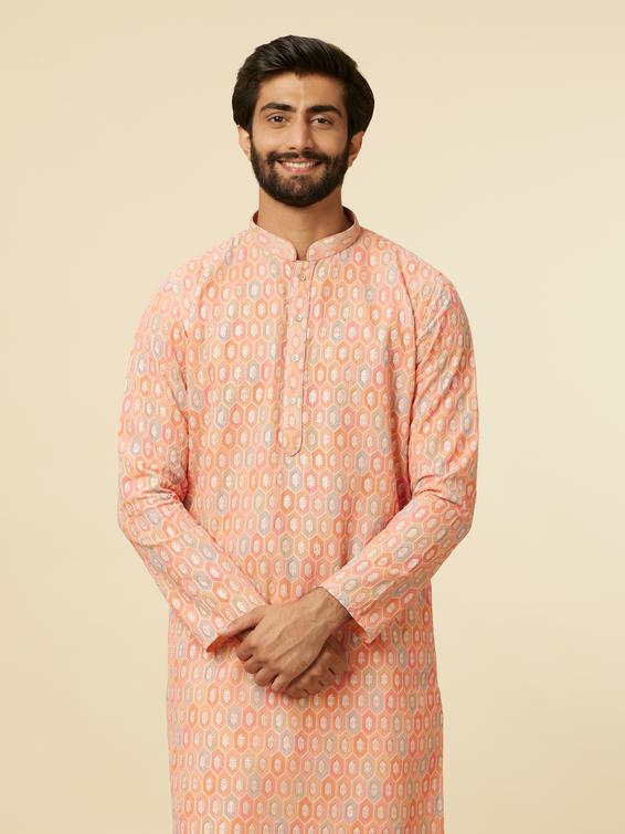 Twamev Men Peach Hexagonal Patterned Kurta Set