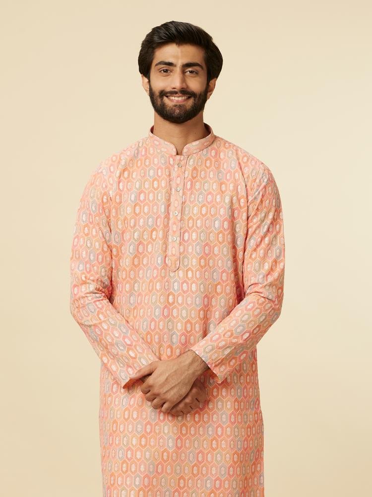 Twamev Men Peach Hexagonal Patterned Kurta Set