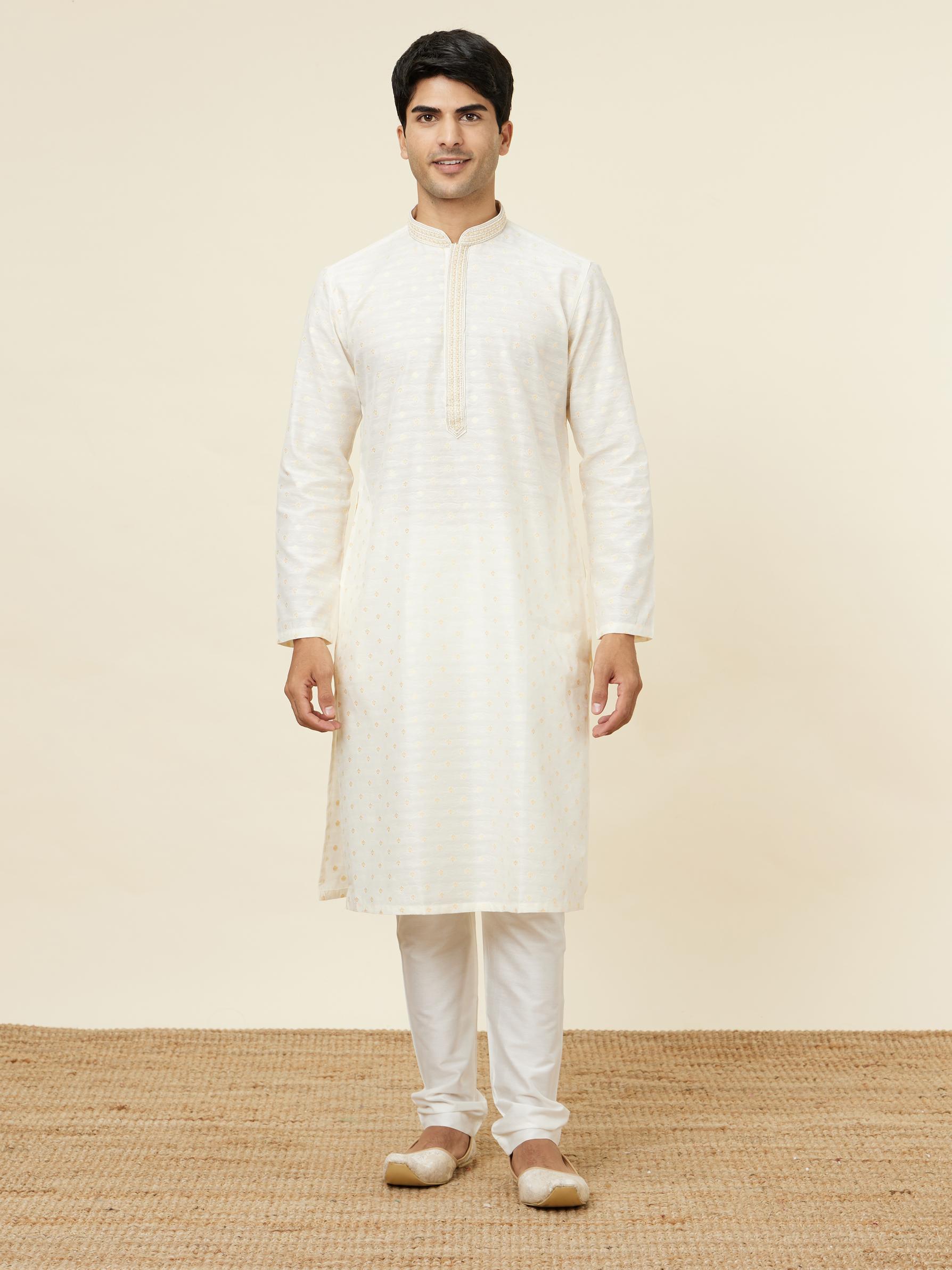 Twamev Men Cannoli Cream Jacquard Patterned Kurta Set