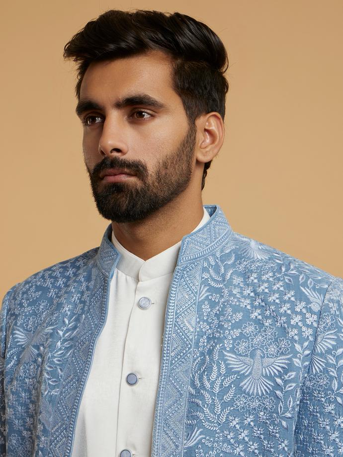 Twamev Men Elegant Light Blue Velvet Indo Western