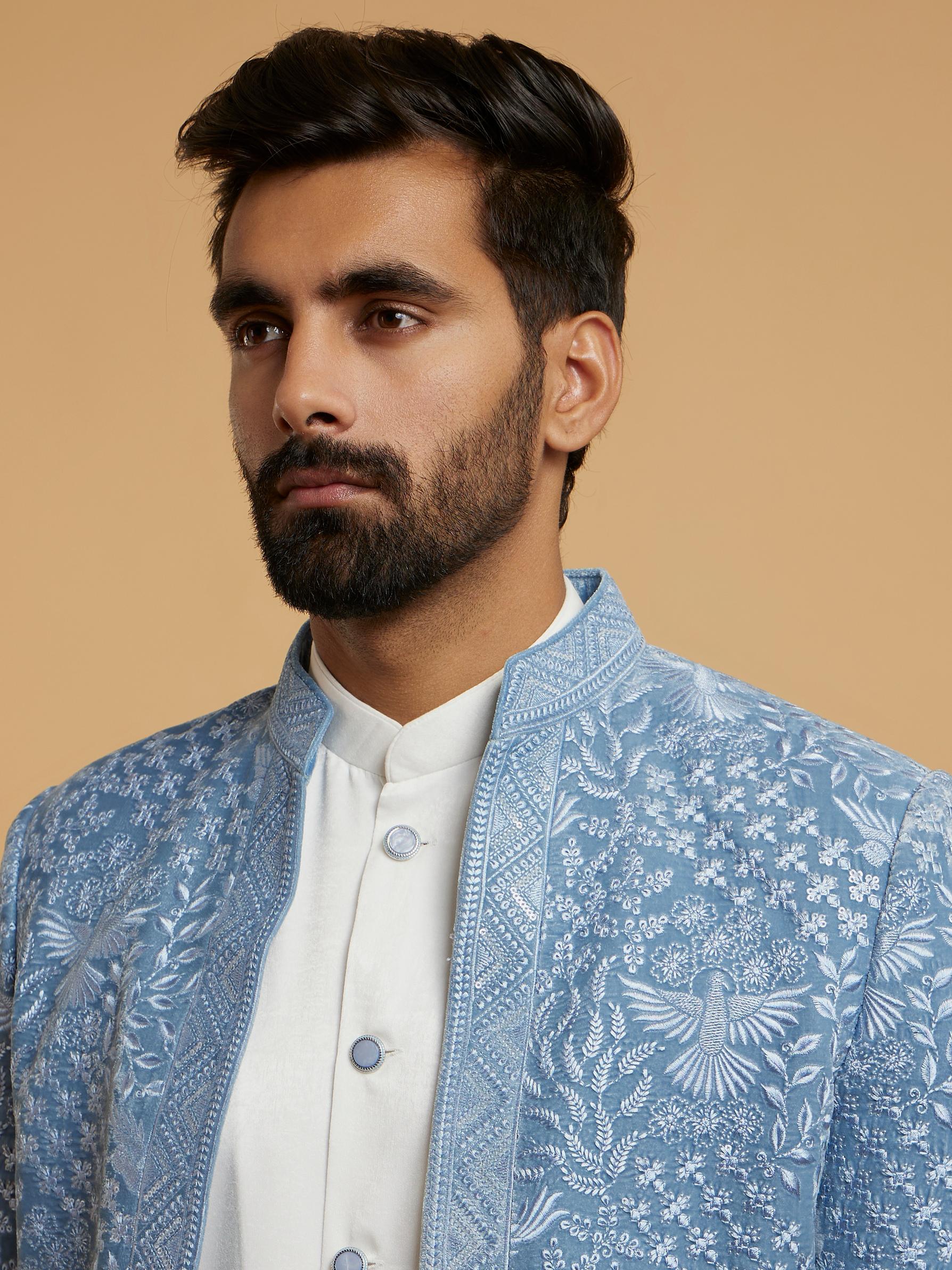 Twamev Men Elegant Light Blue Velvet Indo Western