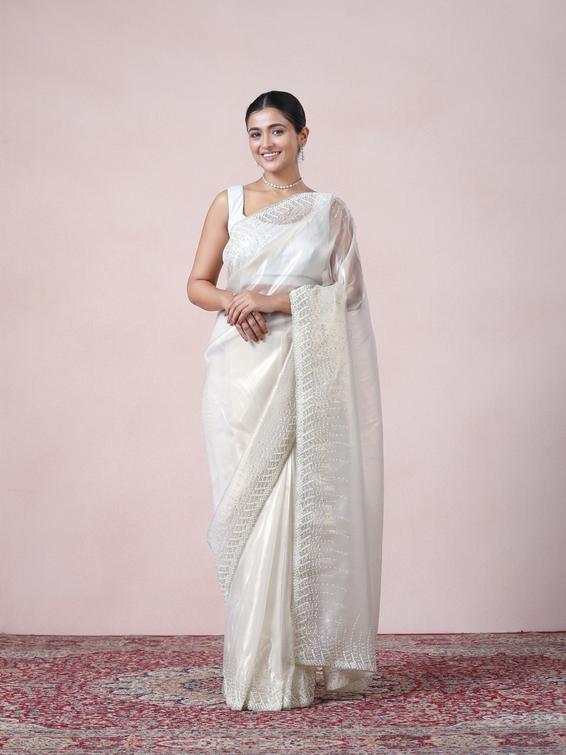 Twamev Women Creamy Sheen Organza Saree