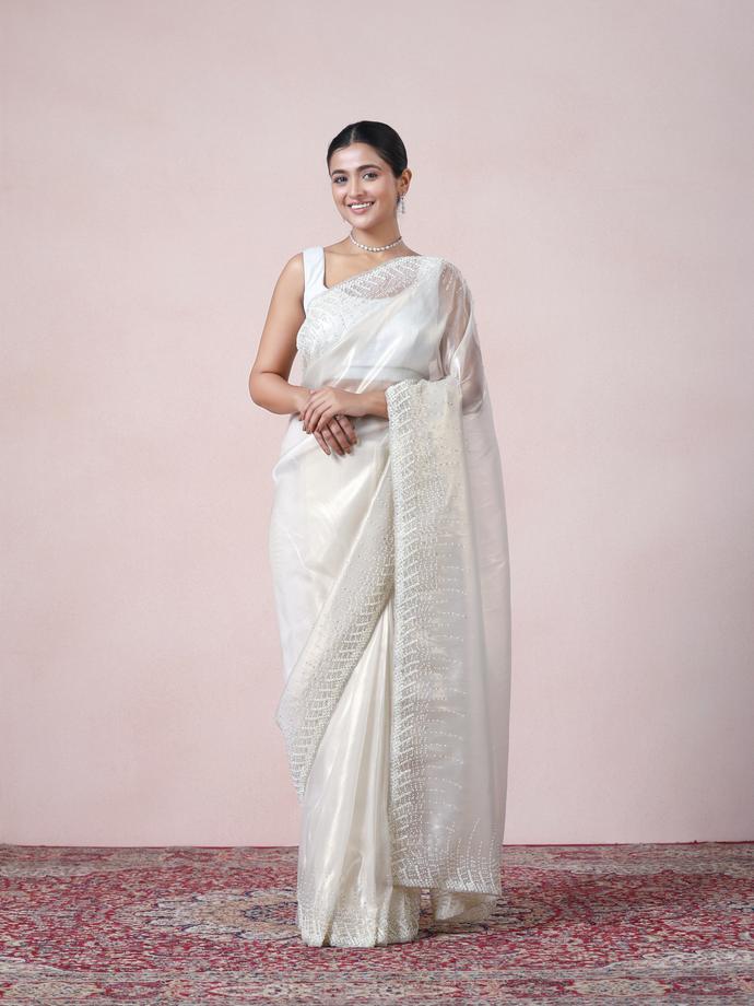 Twamev Women Creamy Sheen Organza Saree