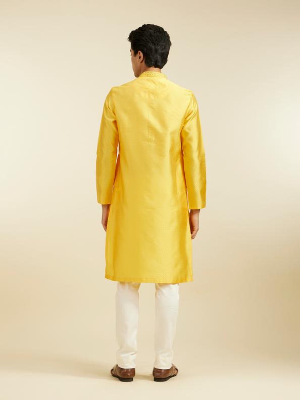 Diwas Men Sunshine Yellow Lattice Patterned Kurta with Embroidered Neckline