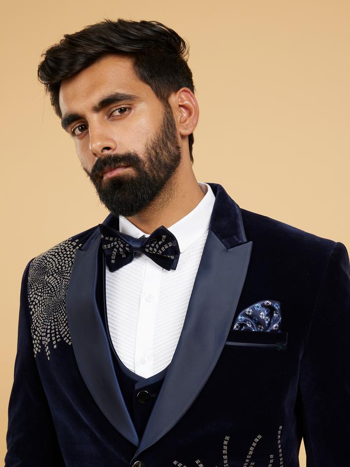 Twamev Men Midnight Blue Embellished Suit Set with Notched Collar
