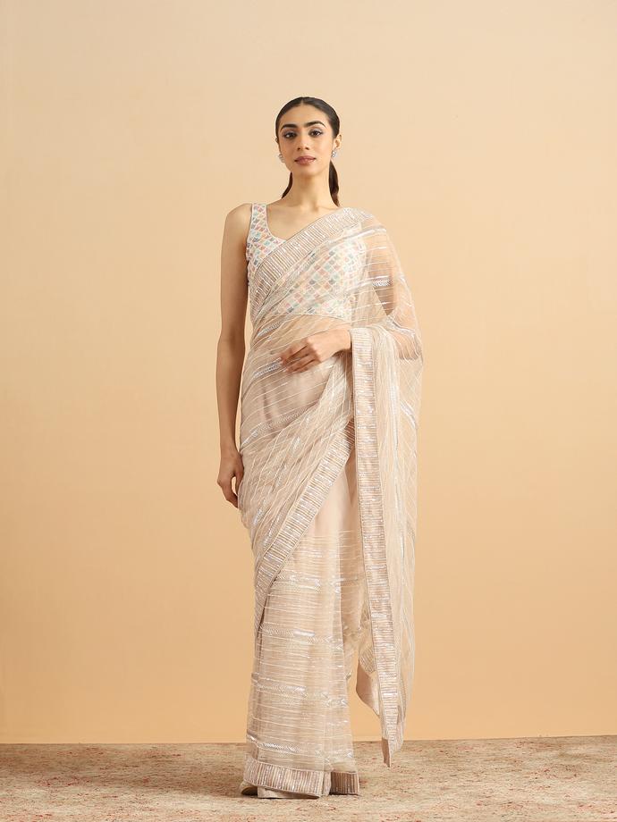 Twamev Women Sequined Shimmery Cream Saree