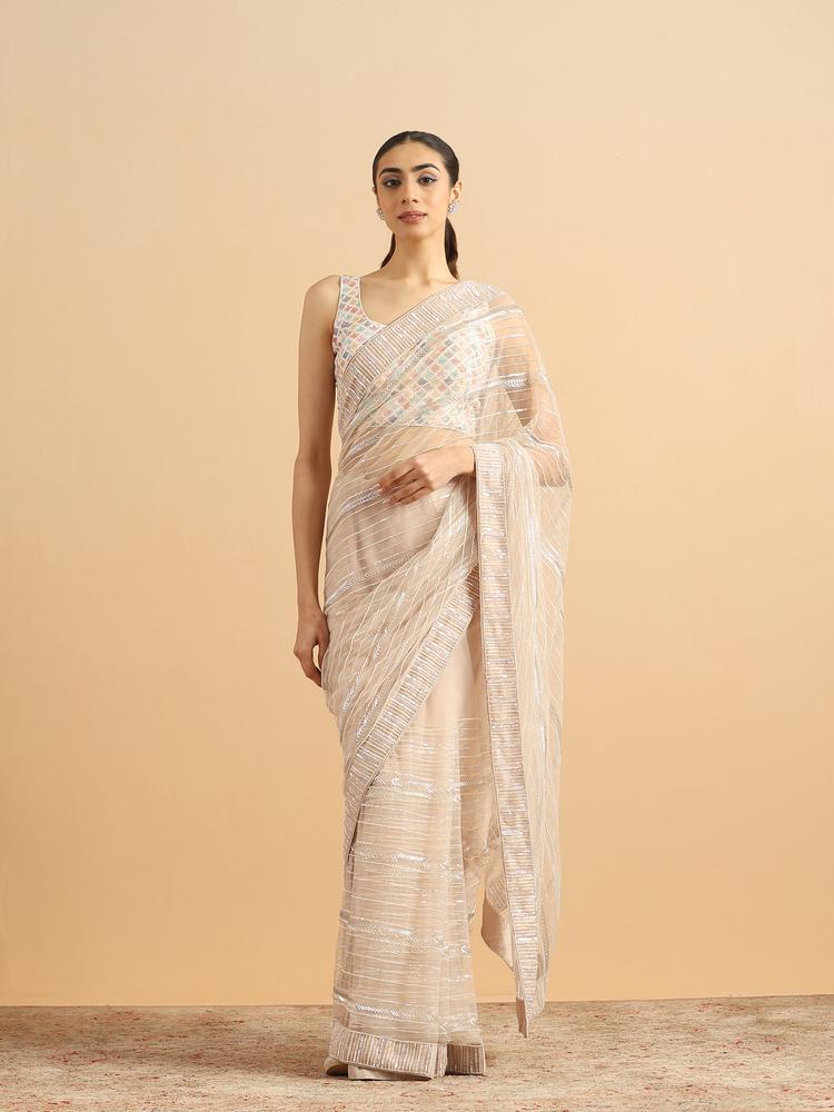 Twamev Women Sequined Shimmery Cream Saree