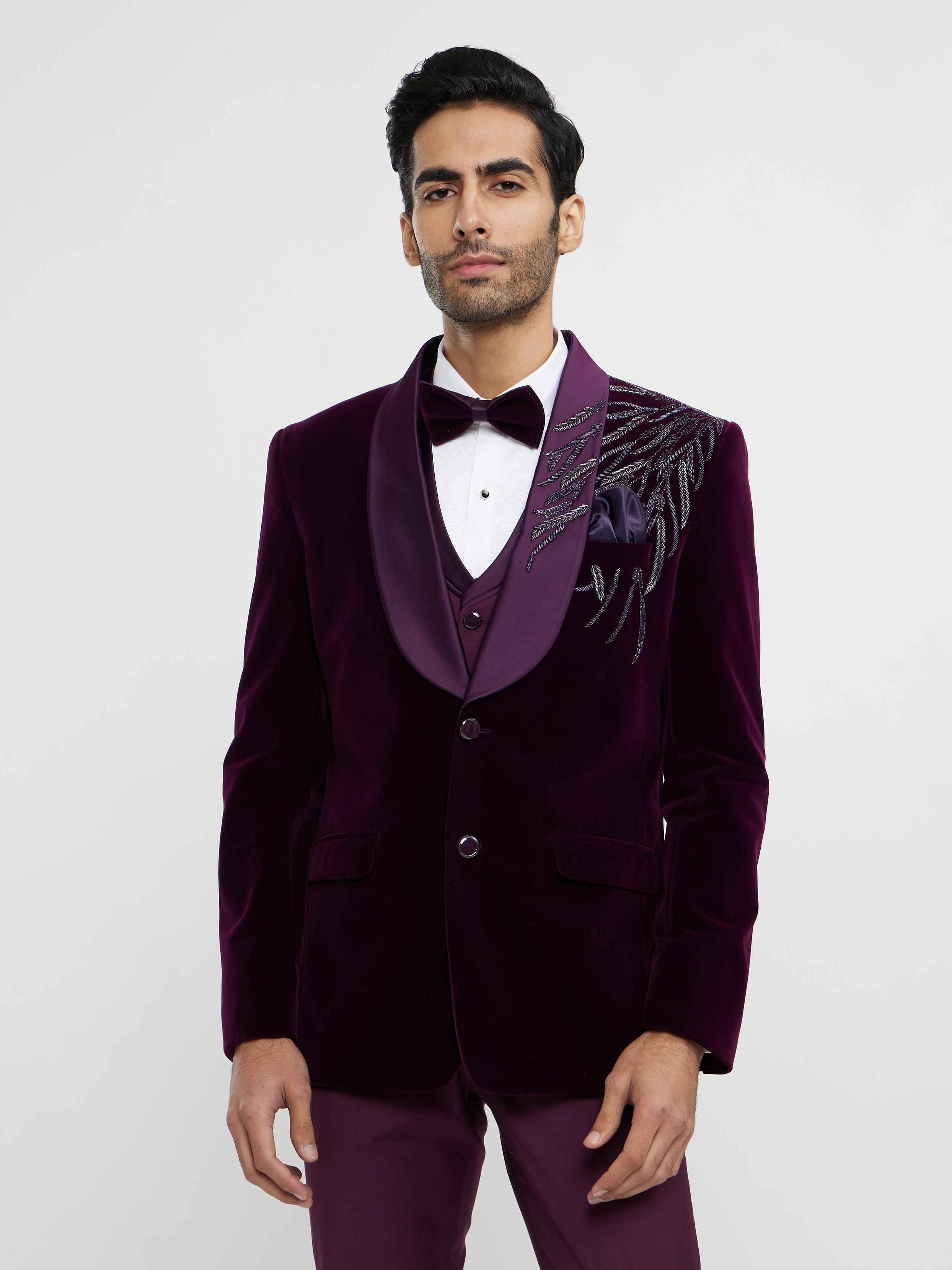 Twamev Men Regal Wine Velvet Suit Set