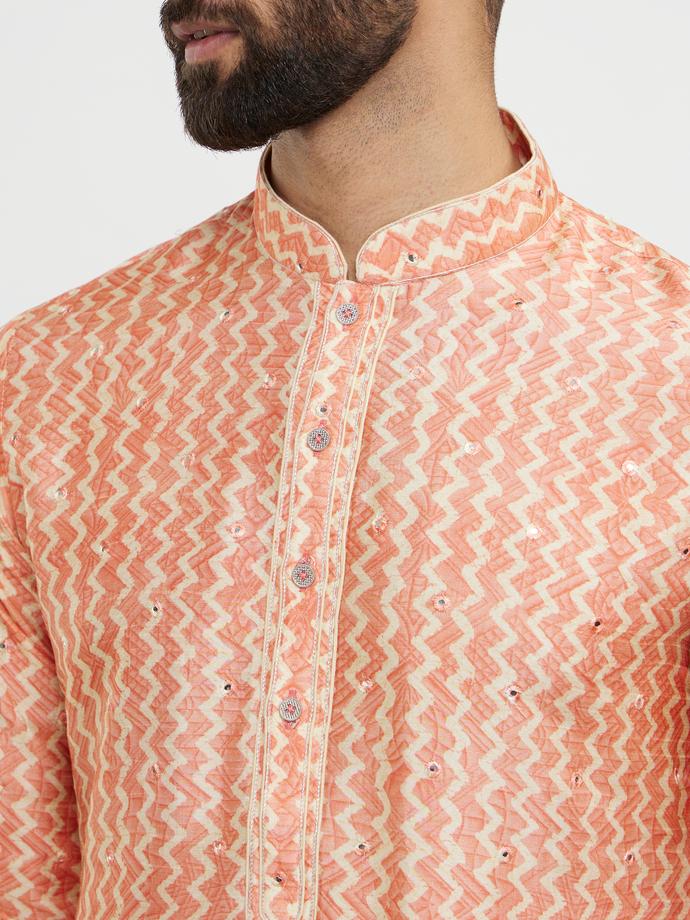 Twamev Men Soft Peach Chevron Printed Kurta Set with Mirror Work