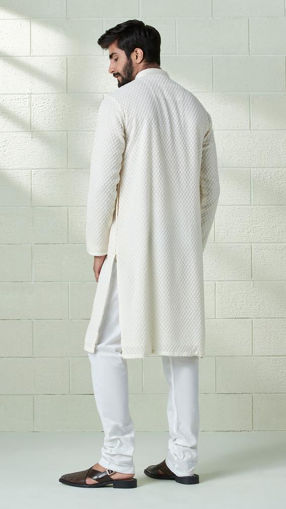Twamev Men Ivory White Chikankari Embroidered Kurta Set