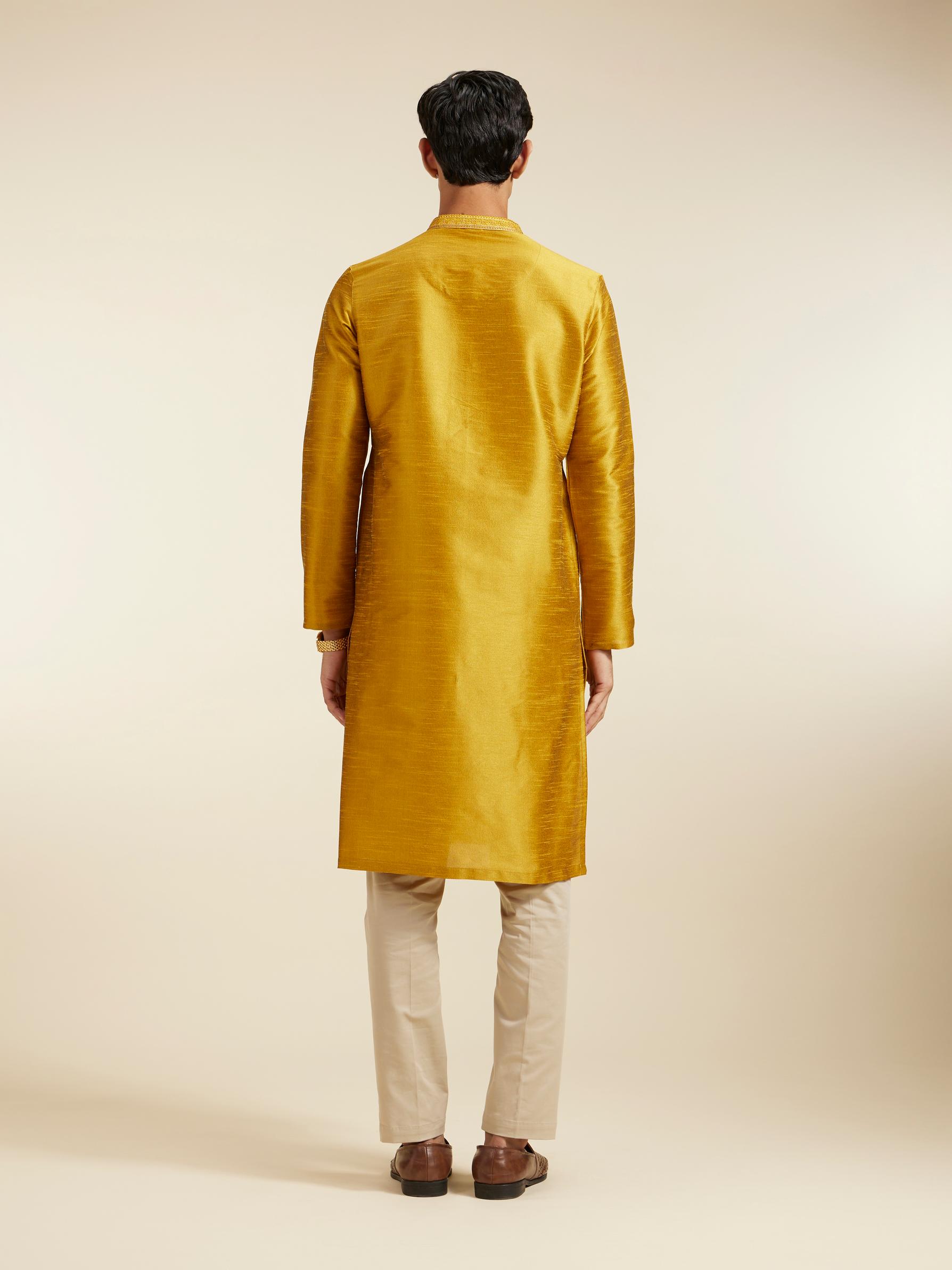 Diwas Men Mustard Yellow Self Textured Kurta with Embroidered Neckline