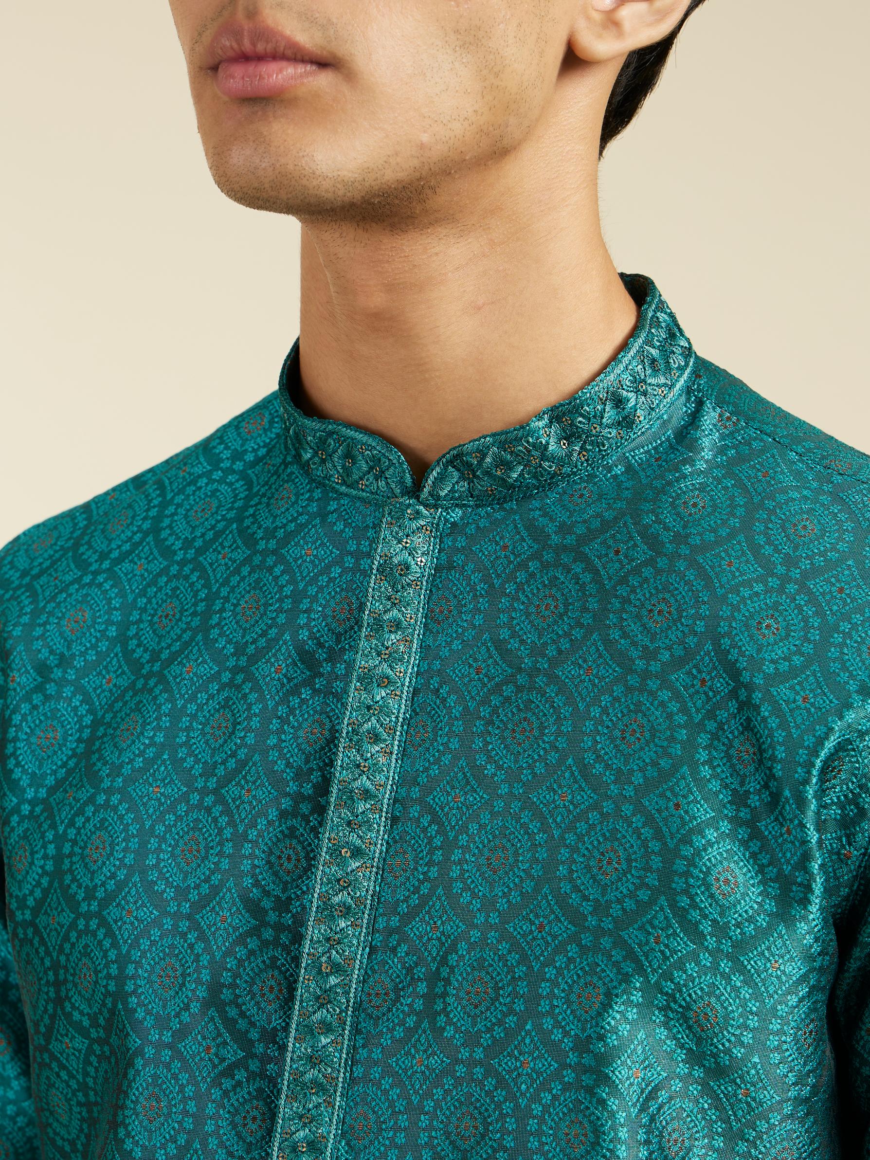 Diwas Men Teal Green Ogee Jaal Patterned Kurta
