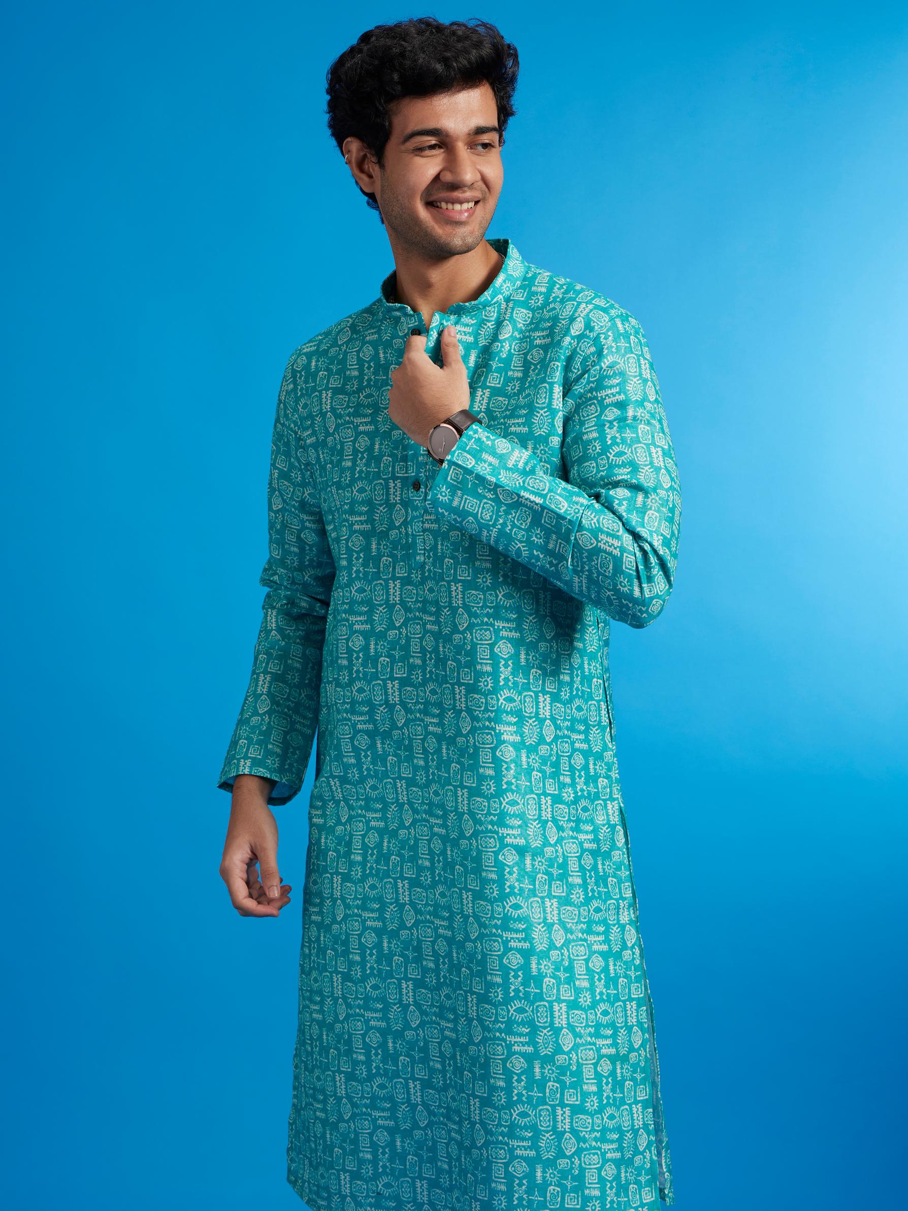 Diwas Men Turquoise Blue Aztec Print Kurta