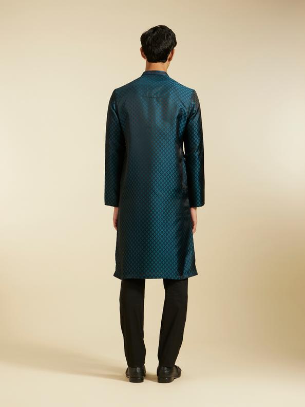 Diwas Men Teal Blue Grid Patterned Kurta with Sequinned Placket