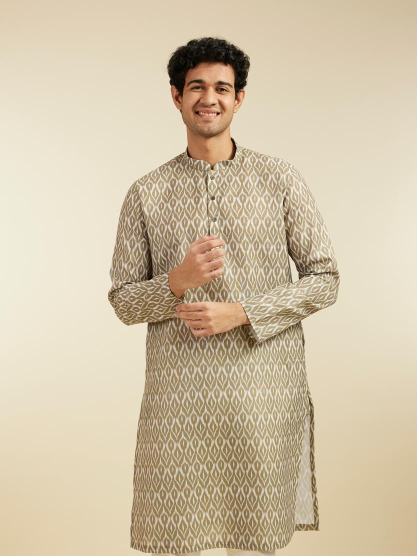 Diwas Men Olive Green Ikat Print Kurta
