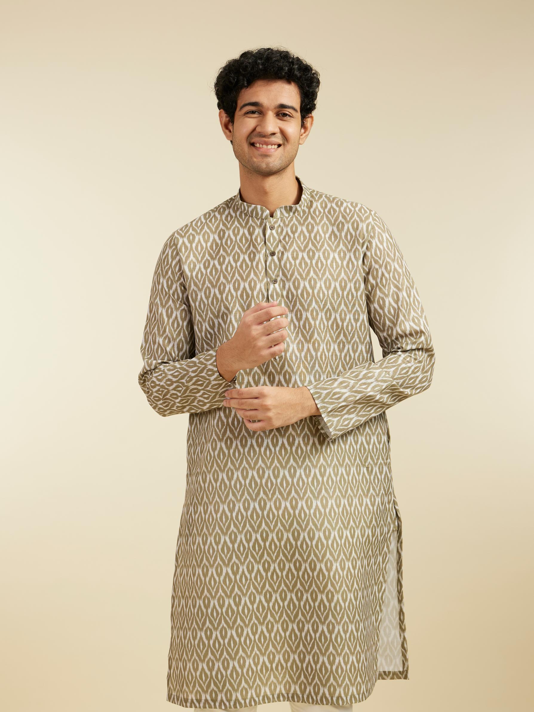 Diwas Men Olive Green Ikat Print Kurta