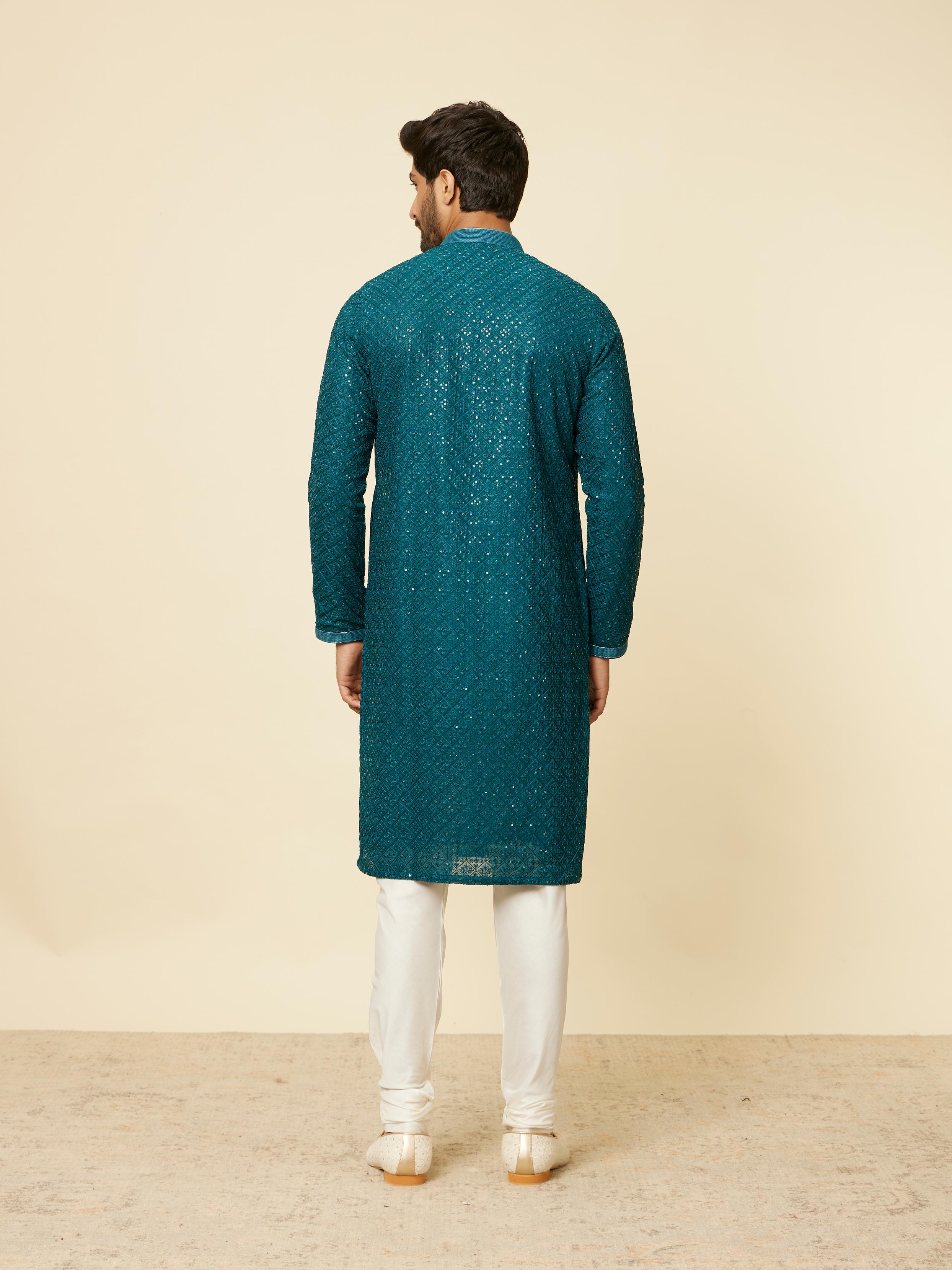 Twamev Men Teal Blue Chikankari Kurta Set