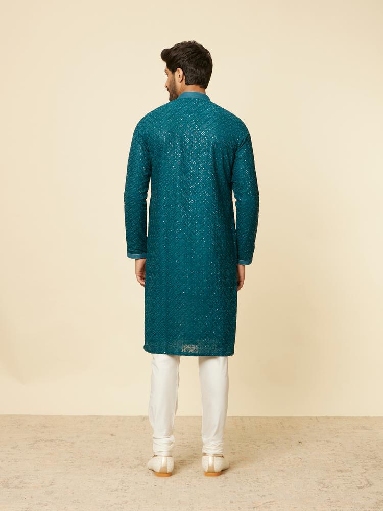 Twamev Men Teal Blue Chikankari Kurta Set