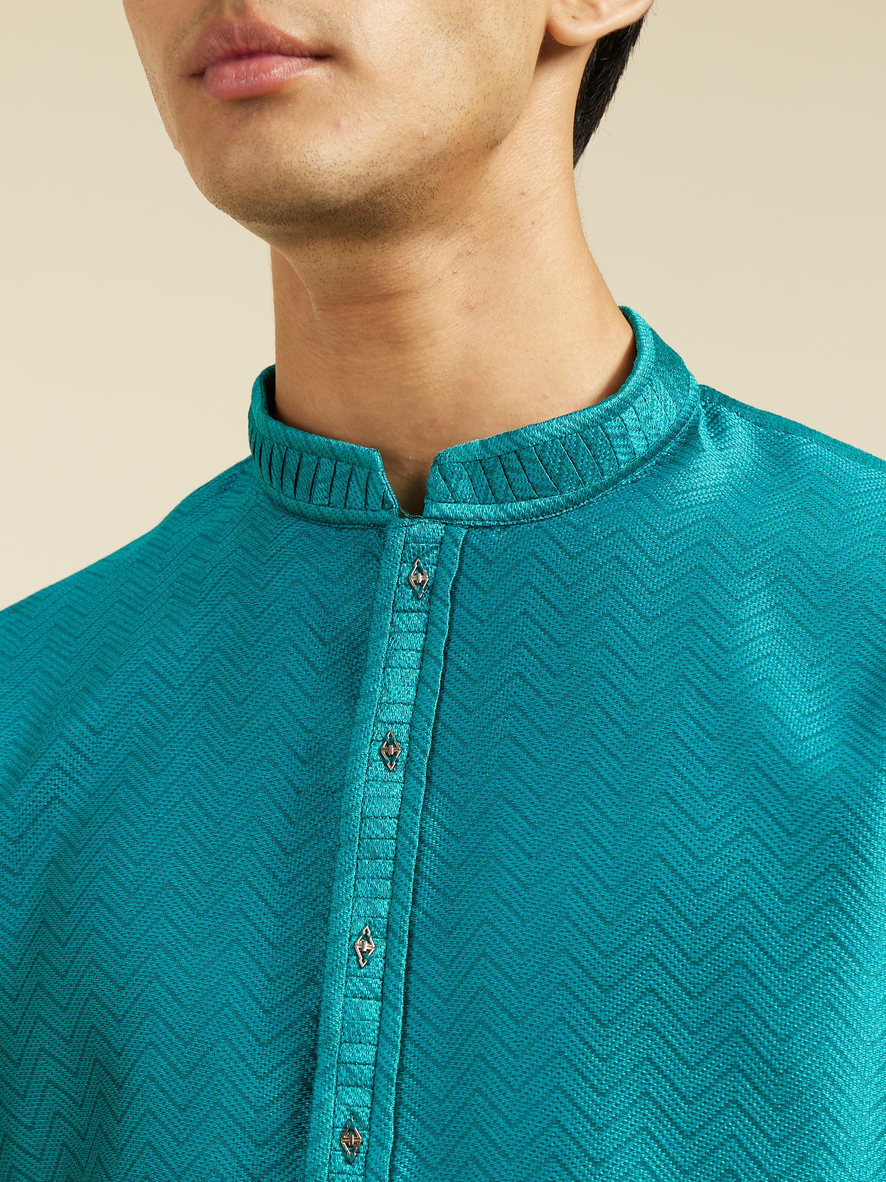 Diwas Men Teal Green Chevron Patterned Kurta