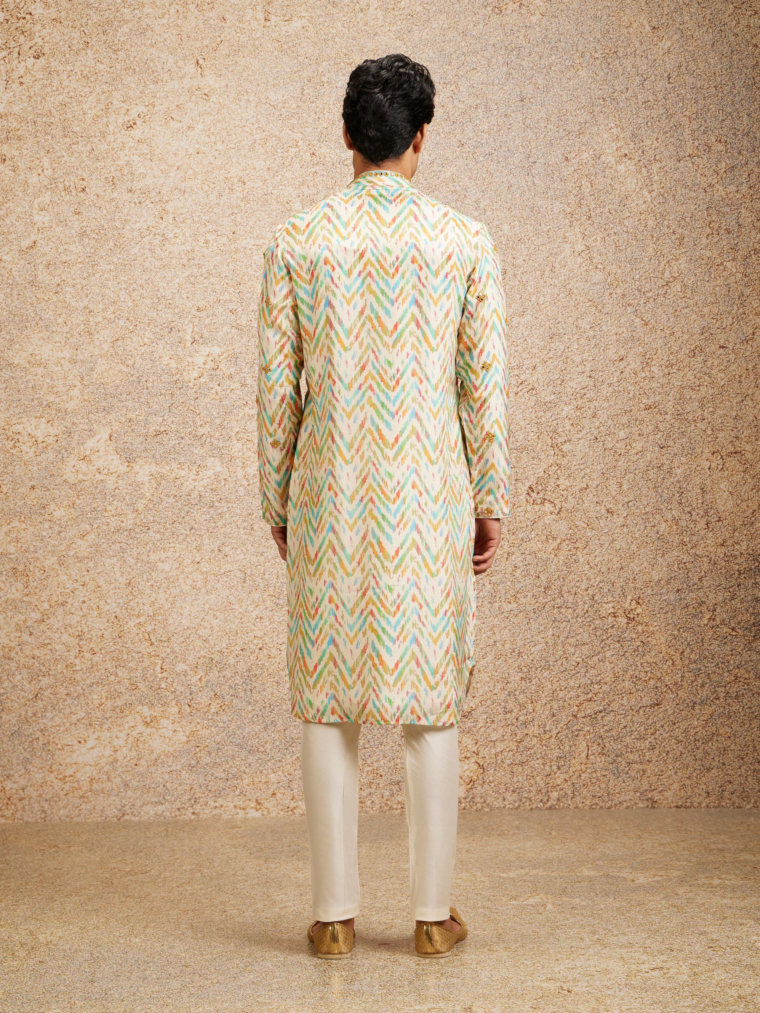 Twamev Men Beige Multicoloured Chevron Patterned Kurta Set