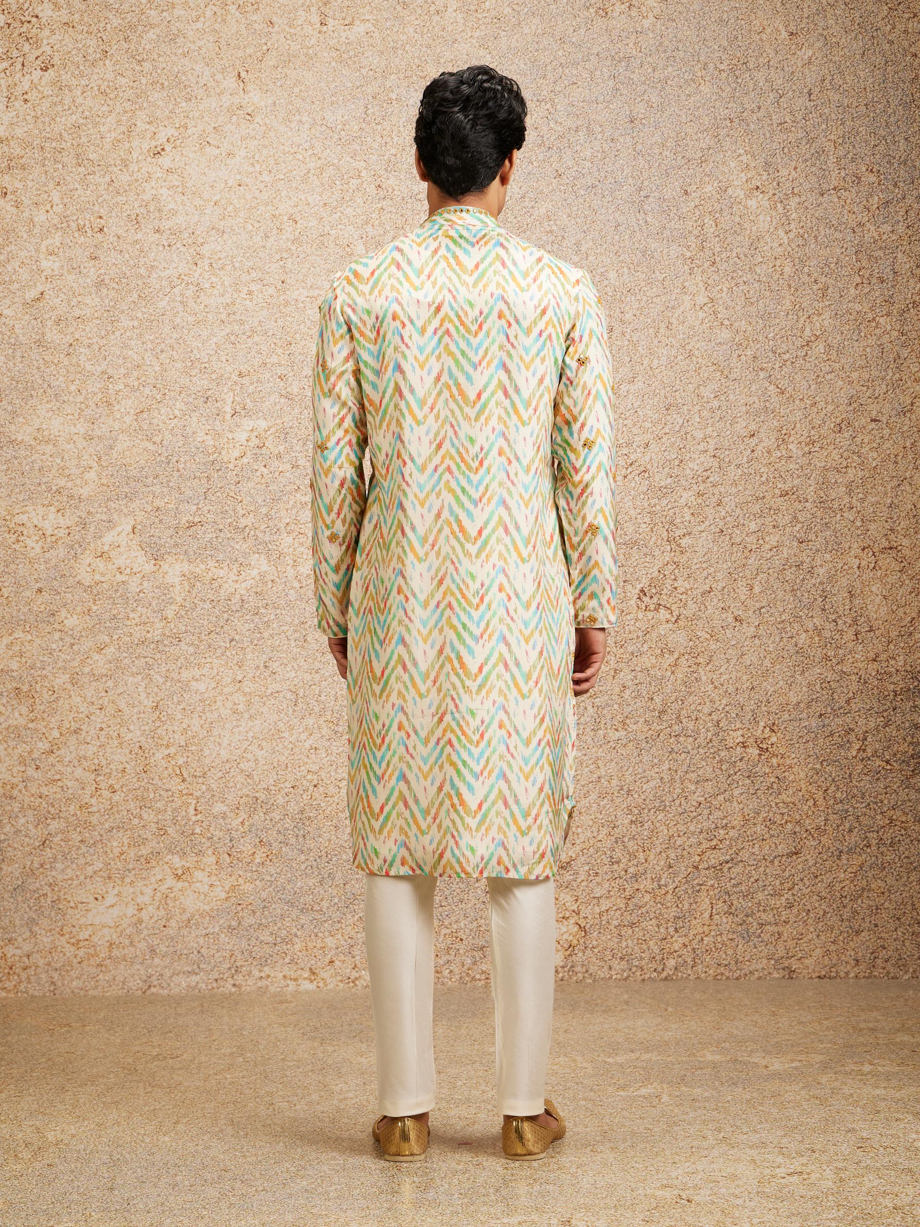 Twamev Men Beige Multicoloured Chevron Patterned Kurta Set