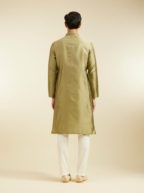 Diwas Men Olive Green Lattice Patterned Kurta with Embroidered Neckline