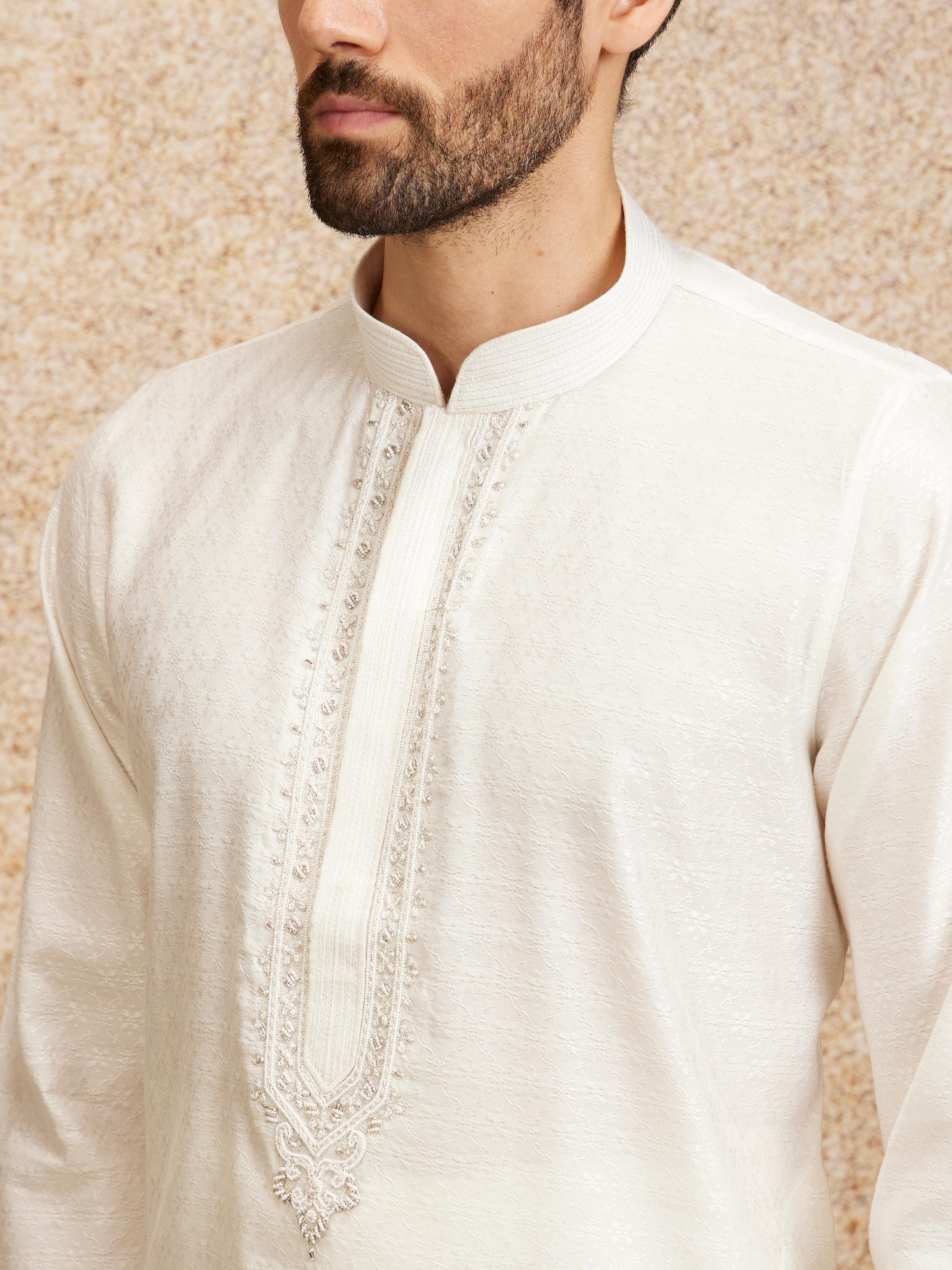 Twamev Men Embellished Warm White Kurta Pajama