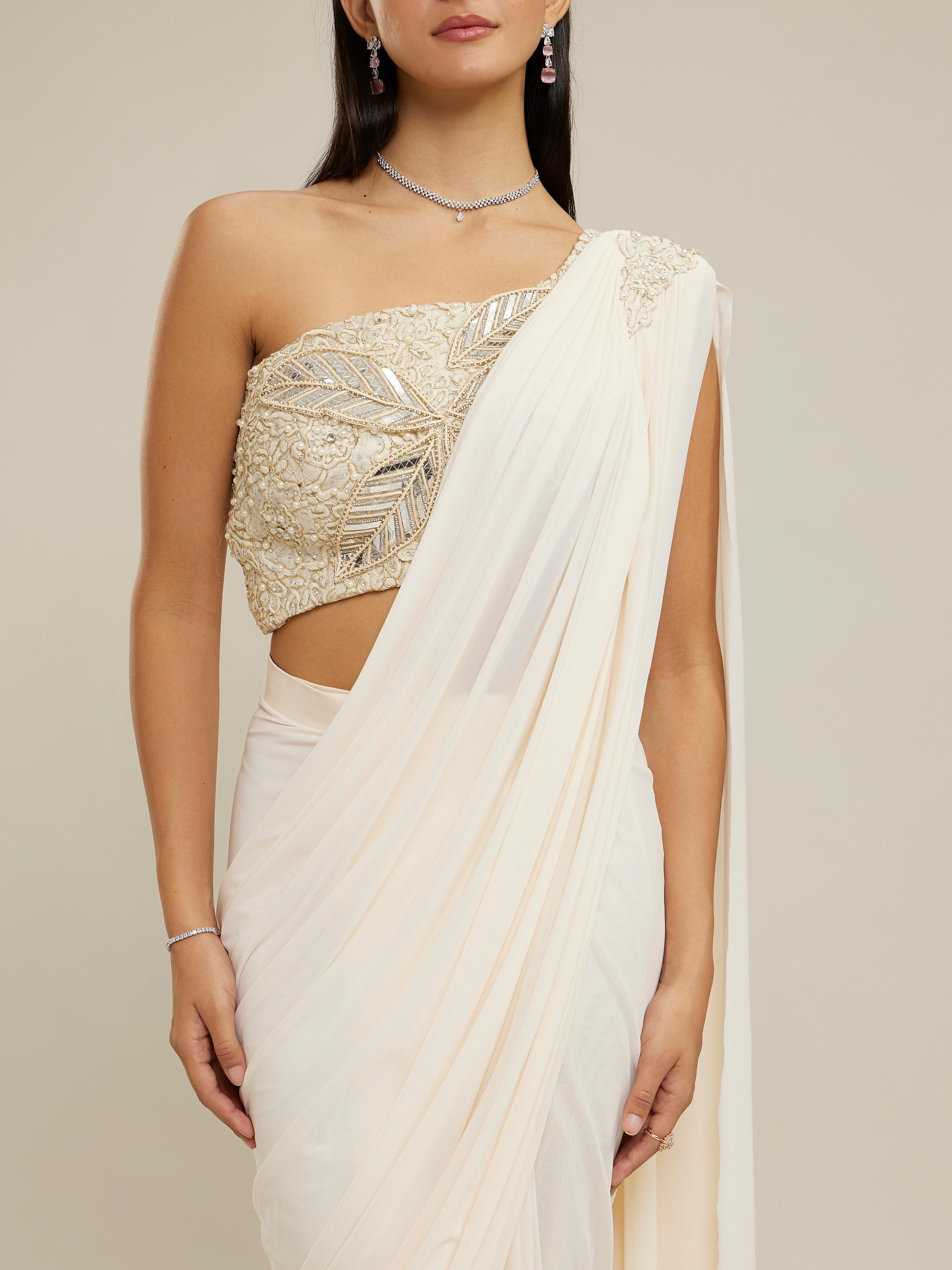Twamev Women Cream Net-Lycra Festive Saree